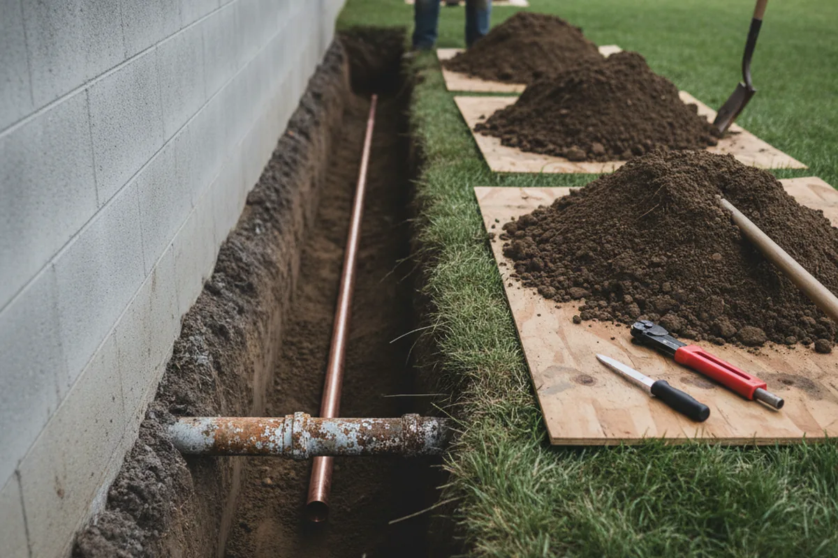 Excavated water line trench during Sewer Line Repair in Forrest